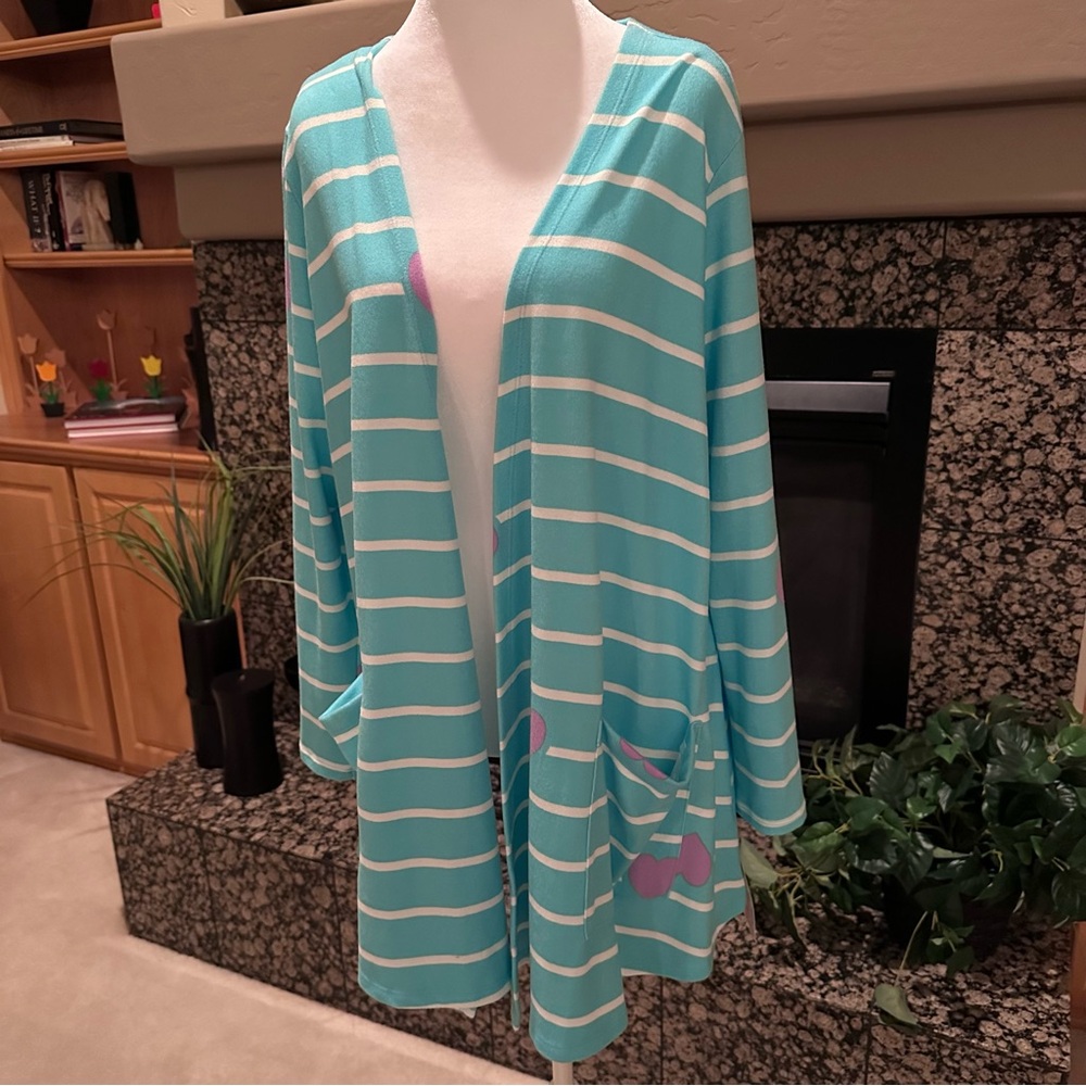 LuLaRoe Caroline Open Front Cardigan Blue & White Stripes Hearts M 10-12 NWT